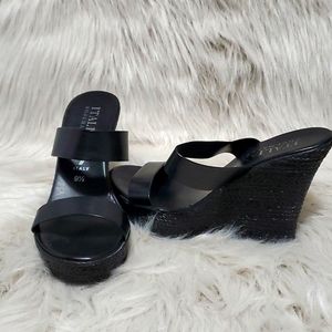 Black leather wedge sandals